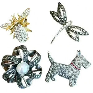 Set Vintage Silver Gold Pearl Hematite Brooch Pins Dragon Fly Westie Bee Flower